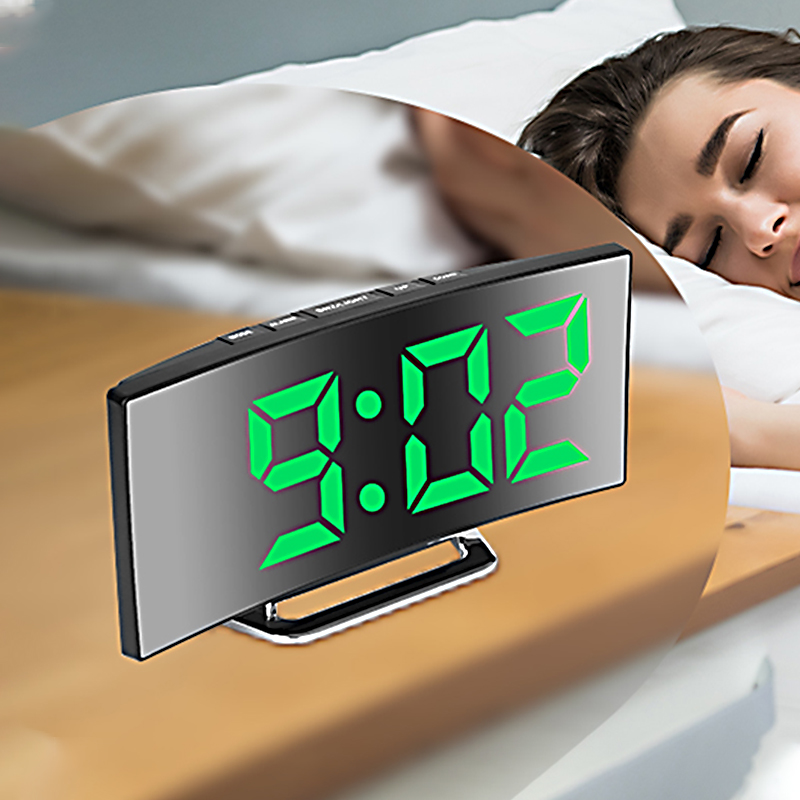 Electronic Gadgets For Home - นาฬิกาปลุกดิจิตอล LED หน้าจอโค้ง กระจกเงา นาฬิกาอิเล็กทรอนิกส์แบบเงียบ สำหรับห้องนอน
